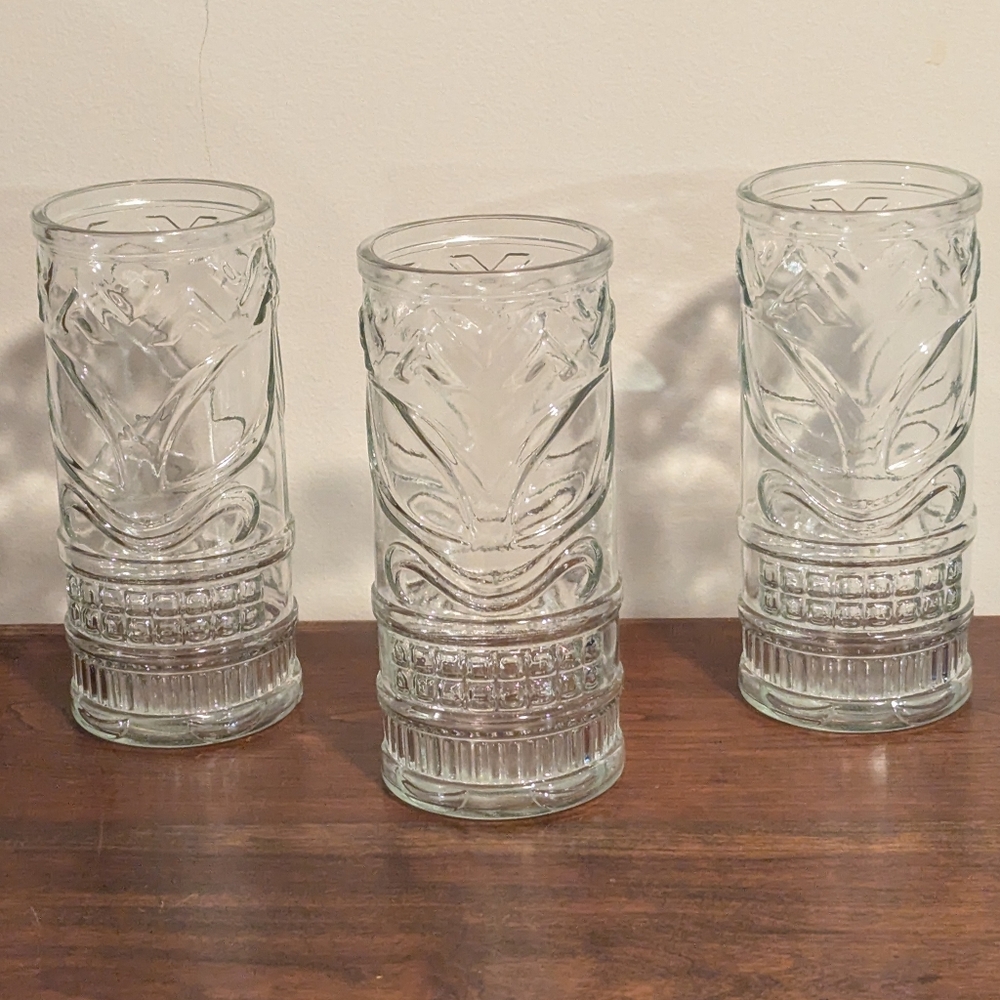 Set of Three Clear Glass Tiki Tumblers. 20 Oz . Tall boy. GUC.